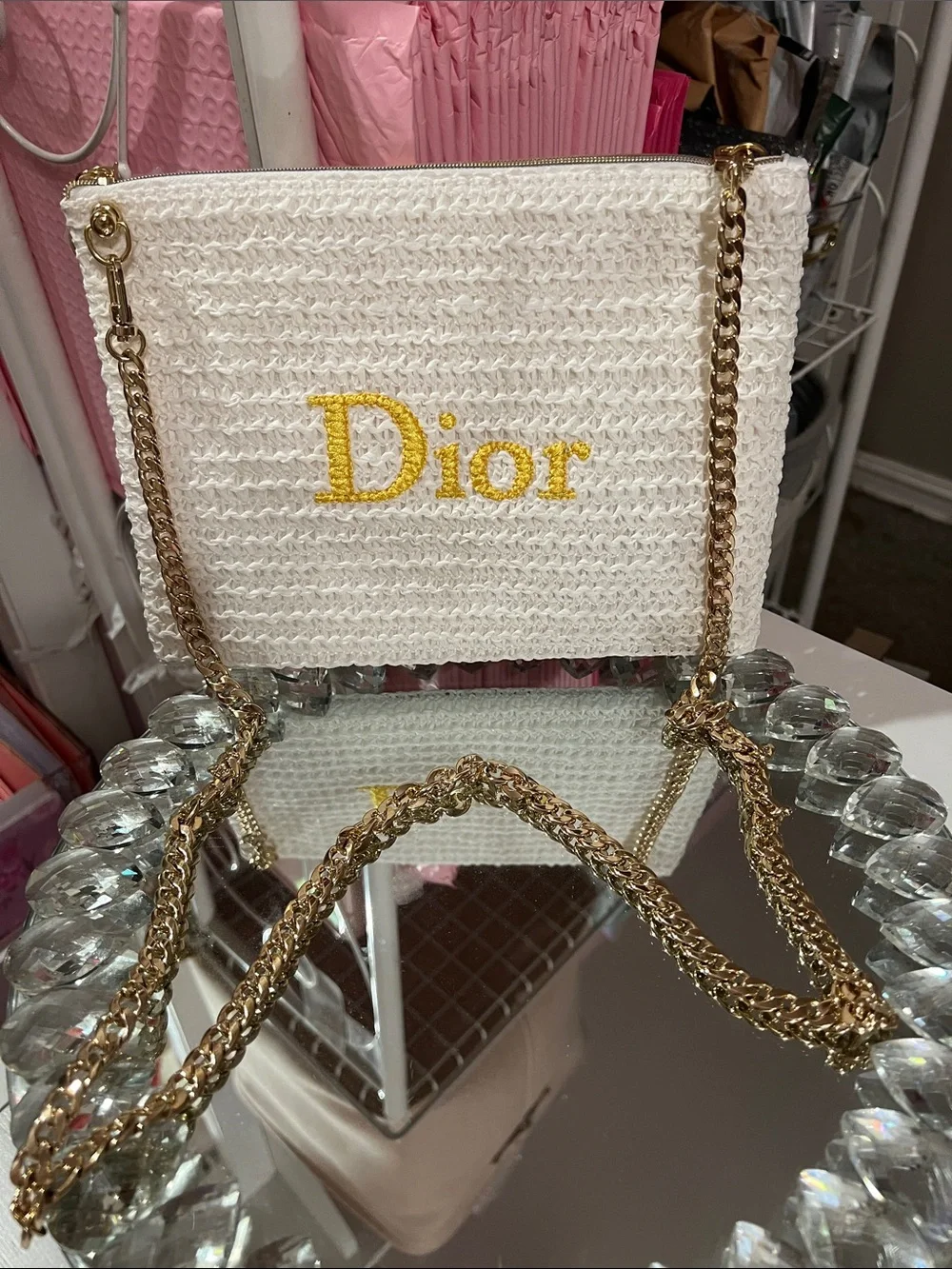 Dior Woven Pouch w-Logo and Gold Chain Attached